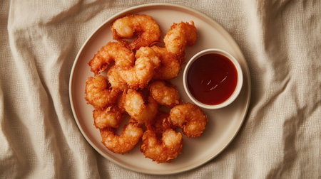 A plate of shrimp tempura with light, airy batter, served with a small bowl of dipping sauce, on a neutral fabric background.の素材