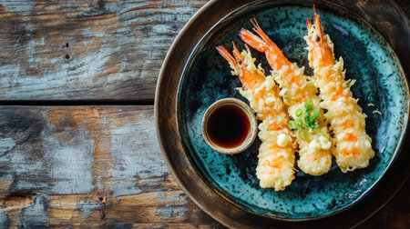 A rustic wooden table setting featuring a plate of shrimp tempura, accompanied by a small bowl of soy sauce.の素材
