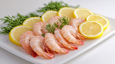 A seafood presentation featuring raw shrimp on a white plate, decorated with lemon slices, against a neutral background.の素材
