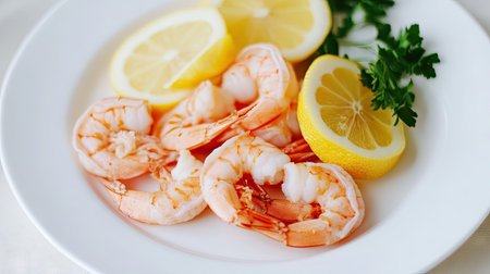 A seafood presentation featuring raw shrimp on a white plate, decorated with lemon slices, against a neutral background.の素材