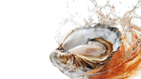 A premium seafood shot of an oyster in its shell, freshly opened with briny juices visible, against a pure white background.の素材
