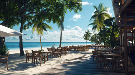 A relaxed beach caf with outdoor tables and chairs, offering a perfect spot to enjoy the ocean breeze.の素材