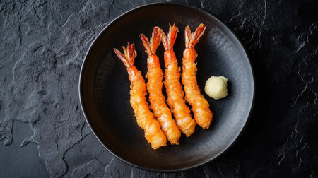 A serving of crispy shrimp tempura arranged elegantly on a round black plate, placed on a dark slate background.の素材