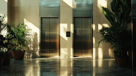 A view of shiny metal elevator doors with subtle reflections, situated in a well-lit, sophisticated office buildingの素材