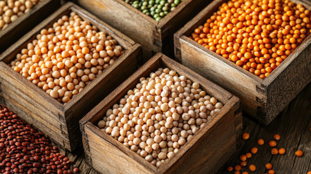 A selection of dry legumes like chickpeas, lentils, and beans, arranged in wooden containers on a wooden table for a wholesome mealの素材