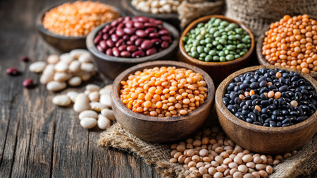 A selection of different dry legumes, including kidney beans, black-eyed peas, and lentils, on a wooden table, promoting clean eatingの素材