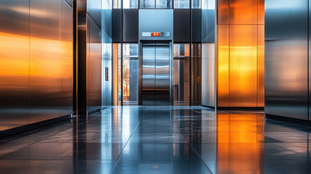A shot from the interior of a modern elevator, showing the shiny metal doors closing, with a stylish, contemporary building visible outsideの素材