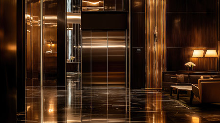 A shiny metal elevator door with reflective surfaces, featuring a sleek and high-tech design, standing in a stylish hotel lobbyの素材