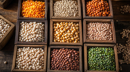 A selection of dry legumes like chickpeas, lentils, and beans, arranged in wooden containers on a wooden table for a wholesome mealの素材
