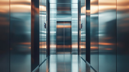 A shot from the interior of a modern elevator, showing the shiny metal doors closing, with a stylish, contemporary building visible outsideの素材