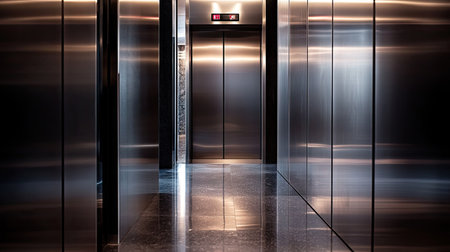 A shot from the interior of a modern elevator, showing the shiny metal doors closing, with a stylish, contemporary building visible outsideの素材