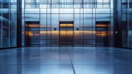 A sleek and polished set of metal elevator doors with sharp reflections, situated in the lobby of a modern high-rise buildingの素材