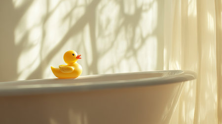 A yellow rubber duck perched on the edge of a white bathtub with soft light reflecting off the water, creating a soothing moodの素材