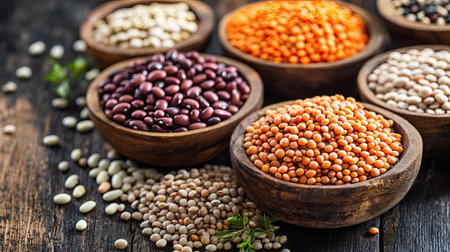 A selection of different dry legumes, including kidney beans, black-eyed peas, and lentils, on a wooden table, promoting clean eatingの素材
