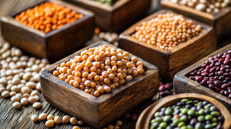 A selection of dry legumes like chickpeas, lentils, and beans, arranged in wooden containers on a wooden table for a wholesome mealの素材