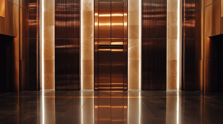 A top view of shiny metal elevator doors with subtle reflections, located in a modern building lobby with soft lightingの素材