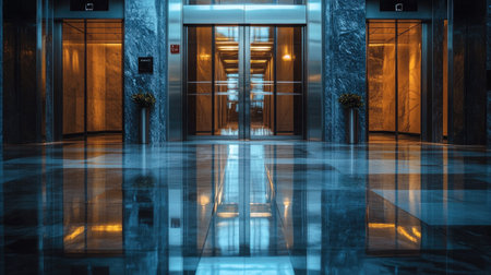 A shot of shiny elevator doors in a luxurious hotel, with reflections of the surrounding environment, including marble floors and glass wallsの素材