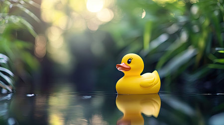 A single yellow rubber duck with a small reflection on the water's surface, against a soft, natural backdrop of plantsの素材