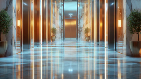 A shot of shiny elevator doors in a luxurious hotel, with reflections of the surrounding environment, including marble floors and glass wallsの素材