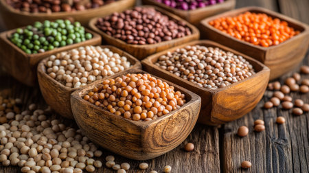 A selection of dry legumes like chickpeas, lentils, and beans, arranged in wooden containers on a wooden table for a wholesome mealの素材