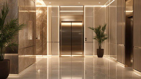 A shot of shiny, modern elevator doors in a well-lit office lobby with clean walls and neutral tones creating a calm atmosphereの素材