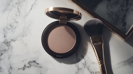 A sleek cosmetic compact powder on a light marble surface with a brush resting next to it, perfect for a beauty flat layの素材