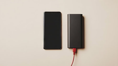 A smartphone charging with a portable power bank, with the USB cable extending from the phone to the power bank against a neutral backgroundの素材