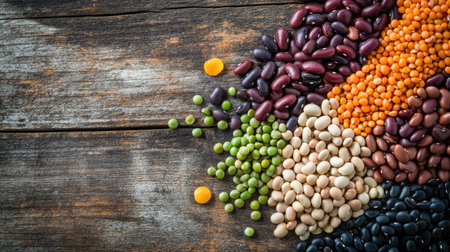 A variety of dry legumes like kidney beans, black beans, and peas, scattered across a wooden surface for a nutritious and healthy dietの素材