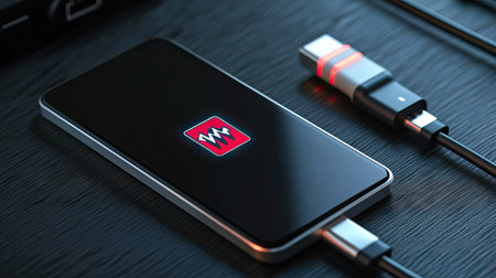 A smartphone charging from a portable power bank, with the USB cable and a battery icon showing full charge on the phone's displayの素材