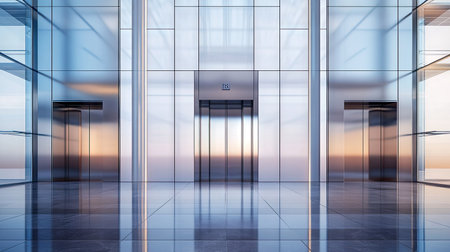 A sleek and polished set of metal elevator doors with sharp reflections, situated in the lobby of a modern high-rise buildingの素材