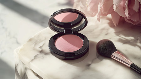 A sleek cosmetic compact powder on a light marble surface with a brush resting next to it, perfect for a beauty flat layの素材