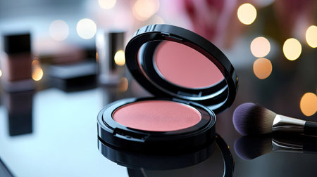 A sleek cosmetic compact powder placed on a vanity with a modern makeup brush and a soft-focus background of beauty essentialsの素材