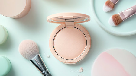 A top-down view of a compact powder case with an applicator puff, surrounded by soft light and pastel-colored beauty tools on a countertopの素材