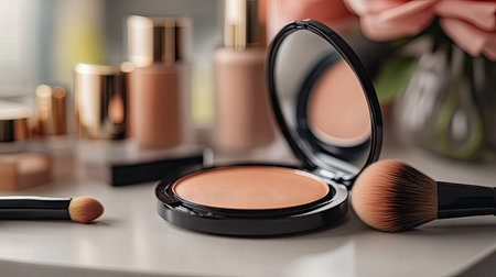 A sleek cosmetic compact powder placed on a vanity with a modern makeup brush and a soft-focus background of beauty essentialsの素材