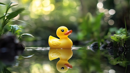 A single yellow rubber duck with a small reflection on the water's surface, against a soft, natural backdrop of plantsの素材