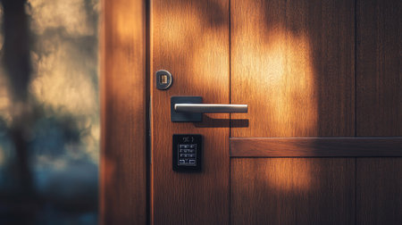 A sleek digital door handle with a touch-sensitive keypad, placed on a wooden door with a contemporary security system in placeの素材