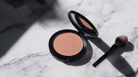 A sleek cosmetic compact powder on a light marble surface with a brush resting next to it, perfect for a beauty flat layの素材