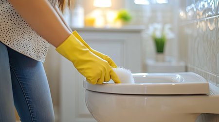 A woman in rubber gloves scrubbing the toilet bowl in a clean, modern bathroom with bright lights and fresh tiles surrounding herの素材