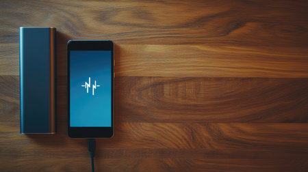 A smartphone screen showing the charging icon while connected to a portable power bank with a USB cable on a wooden deskの素材