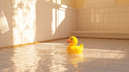 A yellow rubber toy duck in a small water puddle on a bathroom floor, with a playful vibe and bright lightingの素材