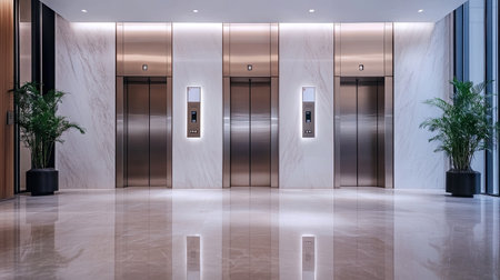 A wide shot of a modern elevator with polished metal doors, located in a luxurious building, with a clean and minimal backdropの素材