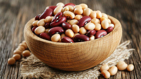 A variety of dry legumes in a wooden bowl, including kidney beans, chickpeas, and black-eyed peas, set against a rustic backgroundの素材