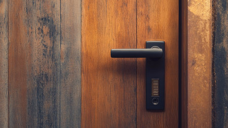 A sleek digital door handle with a touch-sensitive keypad, placed on a wooden door with a contemporary security system in placeの素材