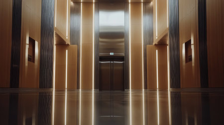A wide-angle shot of a modern elevator with shiny metal doors opening in a well-lit building, emphasizing the minimalist designの素材