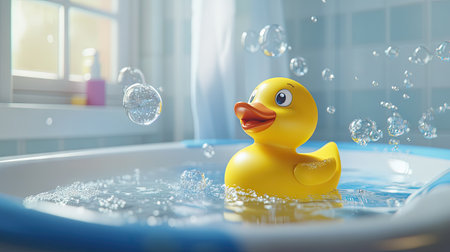 A yellow rubber duck sitting in a child's bathtub, with bath bubbles and water splashing around, bringing a fun atmosphereの素材