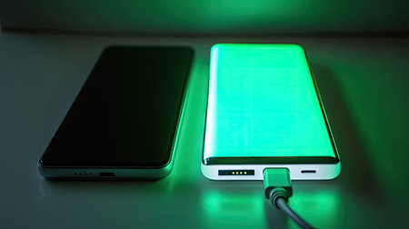 A smartphone and portable power bank side by side, charging via USB cable, with the power bank's LED light glowing greenの素材
