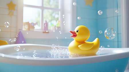 A yellow rubber duck sitting in a child's bathtub, with bath bubbles and water splashing around, bringing a fun atmosphereの素材