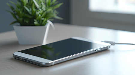A smartphone connected to a portable power bank via USB cable, charging on a table with a modern, clean backgroundの素材