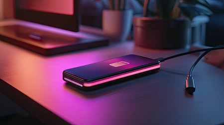 A smartphone charging from a portable power bank with a USB cable, showing the phone's battery icon filling up on a clean deskの素材