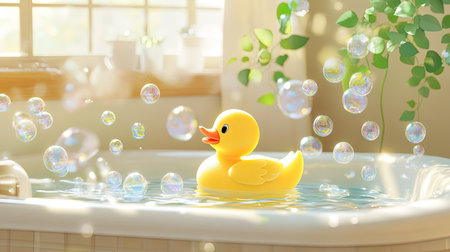 A yellow rubber toy duck floating in a bathtub filled with bubbles, creating a playful and cheerful atmosphereの素材